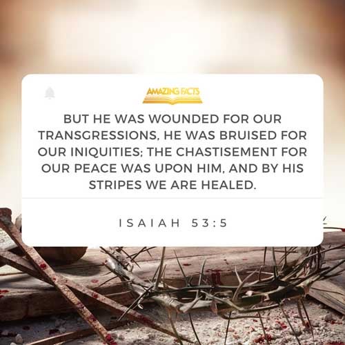But he was wounded for our transgressions, he was bruised for our iniquities: the chastisement of our peace was upon him; and with his stripes we are healed. Isaiah 53:5