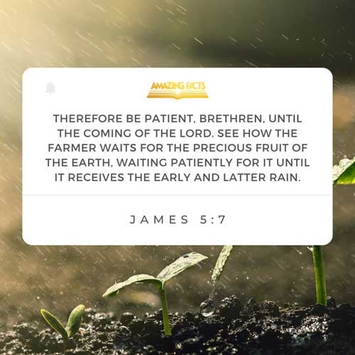 Be patient therefore, brethren, unto the coming of the Lord. Behold, the husbandman waiteth for the precious fruit of the earth, and hath long patience for it, until he receive the early and latter rain. James 5:7