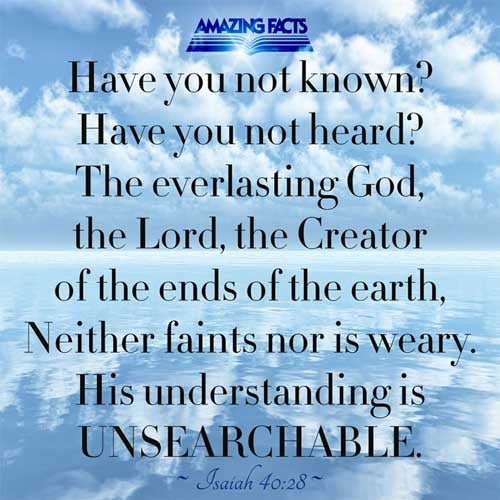 Hast thou not known? hast thou not heard, that the everlasting God, the LORD, the Creator of the ends of the earth, fainteth not, neither is weary? there is no searching of his understanding. Isaiah 40:28