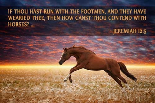 If thou hast run with the footmen, and they have wearied thee, then how canst thou contend with horses? and if in the land of peace, wherein thou trustedst, they wearied thee, then how wilt thou do in the swelling of Jordan? (Jeremiah 12:5)