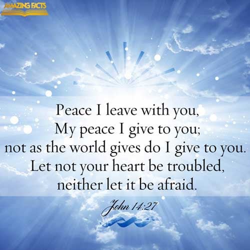 Peace I leave with you, my peace I give unto you: not as the world giveth, give I unto you. Let not your heart be troubled, neither let it be afraid. (John 14:27)