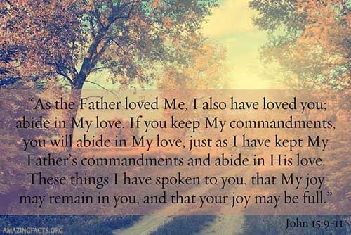 As the Father hath loved me, so have I loved you: continue ye in my love. If ye keep my commandments, ye shall abide in my love; even as I have kept my Father's commandments, and abide in his love. These things have I spoken unto you, that my joy might remain in you, and that your joy might be full. (John 15:9-11)