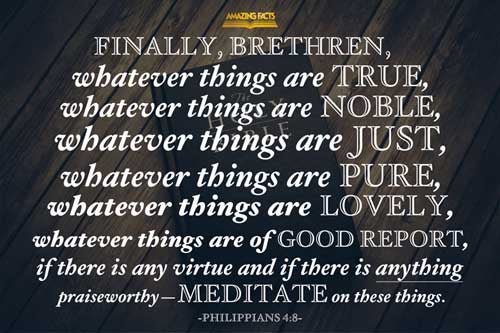 Finally, brethren, whatsoever things are true, whatsoever things are honest, whatsoever things are just, whatsoever things are pure, whatsoever things are lovely, whatsoever things are of good report; if there be any virtue, and if there be any praise, think on these things. Philippians 4:8