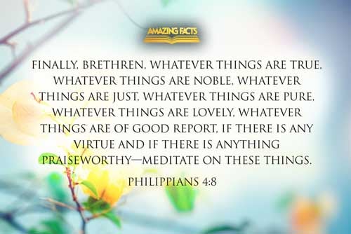 Finally, brethren, whatsoever things are true, whatsoever things are honest, whatsoever things are just, whatsoever things are pure, whatsoever things are lovely, whatsoever things are of good report; if there be any virtue, and if there be any praise, think on these things. Philippians 4:8