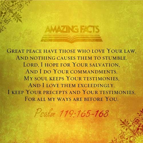 Great peace have they which love thy law: and nothing shall offend them. LORD, I have hoped for thy salvation, and done thy commandments. My soul hath kept thy testimonies; and I love them exceedingly. I have kept thy precepts and thy testimonies: for all my ways are before thee. Psalms 119:165-168