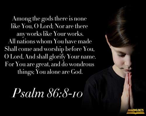 Among the gods there is none like unto thee, O Lord; neither are there any works like unto thy works. All nations whom thou hast made shall come and worship before thee, O Lord; and shall glorify thy name. For thou art great, and doest wondrous things: thou art God alone. (Psalms 86:8-10)