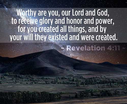 Thou art worthy, O Lord, to receive glory and honour and power: for thou hast created all things, and for thy pleasure they are and were created. (Revelation 4:11)