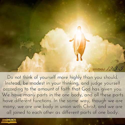 For I say, through the grace given unto me, to every man that is among you, not to think of himself more highly than he ought to think; but to think soberly, according as God hath dealt to every man the measure of faith. For as we have many members in one body, and all members have not the same office: So we, being many, are one body in Christ, and every one members one of another. (Romans 12:3-5)