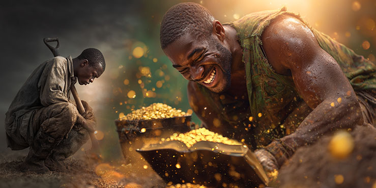 A split-style image showing, on the left, a young boy kneeling in the dirt with a shovel, appearing tired and focused as he digs. On the right, an adult man with dark skin smiles broadly while panning for gold, surrounded by glowing golden light and sparkling particles, with a pan full of gold nuggets in front of him—symbolizing that beyond earthly riches, he discovers the true treasure found in the Word of God.