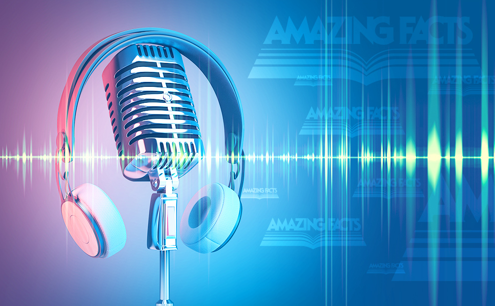 Podcasting and radio concept with retro microphone and headphones on empty wooden table and dark blank wall background with place for your logo or text. 3D rendering, mock up