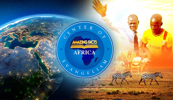 Two men pray with a group outdoors in Africa, with zebras grazing in the foreground. A glowing Earth and a circular logo read "Center of Evangelism – Amazing Facts Africa.