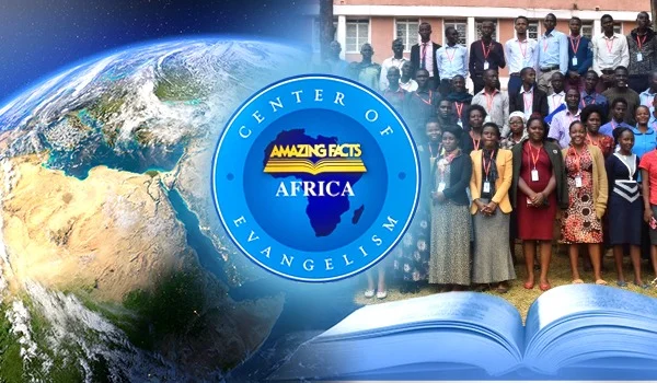 A large group of people, pose for a group photo outside a building. Beside them is a circular logo with a map of Africa and the words "Center of Evangelism – Amazing Facts Africa." The background features a satellite view of Earth highlighting the African continent, and an open book at the bottom, symbolizing knowledge and outreach.
