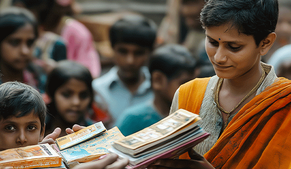 A woman in traditional Indian clothing distributes books to children, who eagerly reach out for them, set against a backdrop of other children watching attentively. The scene reflects education, community, and generosity.