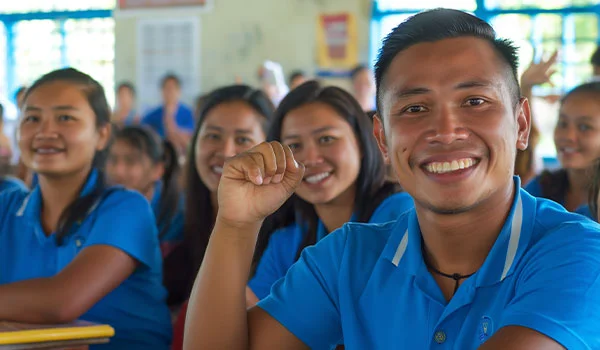 A cheerful young man in a blue shirt smiles and raises his fist in a classroom filled with other smiling students, all wearing matching blue uniforms, conveying enthusiasm, unity, and a positive learning environment.