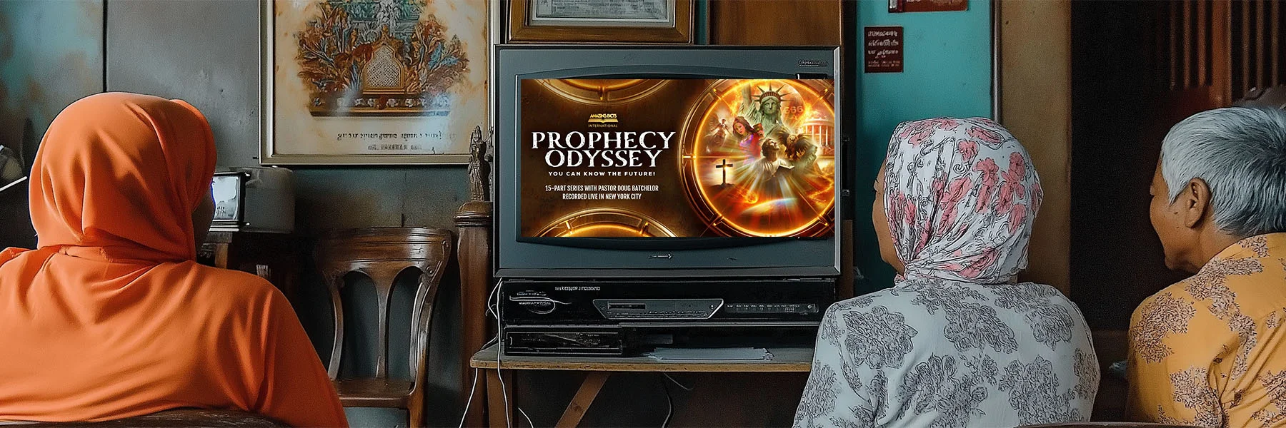 Three elderly people sitting in a modest living room watching a religious TV program titled 'Prophecy Odyssey' on an old television set; the screen features dramatic imagery of biblical themes including a cross, angels, and the Statue of Liberty. The individuals are seen from behind, with two wearing headscarves and one in a patterned shirt with gray hair."