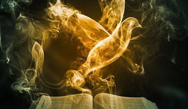 An open Bible emits glowing golden smoke that forms the shape of a dove, symbolizing the Holy Spirit. The background is dark, enhancing the radiant light and mystical effect of the dove emerging from the pages.