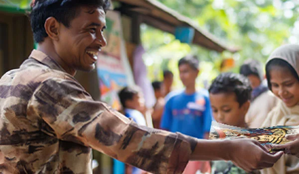 A smiling man hands out Amazing Facts material to a group of people, including children and women, in an outdoor setting with greenery and buildings in the background, suggesting community engagement or outreach in a village environment.