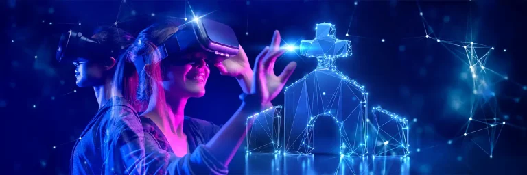 A futuristic digital illustration showing two people wearing virtual reality (VR) headsets, immersed in a virtual experience. One person is reaching out with their hand and smiling. To the right, a glowing, wireframe-style 3D model of a church with a cross on top is depicted, symbolizing the intersection of VR technology and religion. The background is filled with digital network nodes and a blue and purple color scheme.