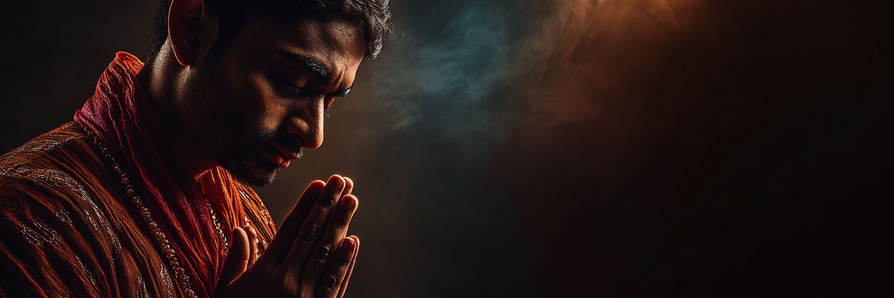 Man in prayer with hands together, wearing traditional robes, against a dark, smoky background
