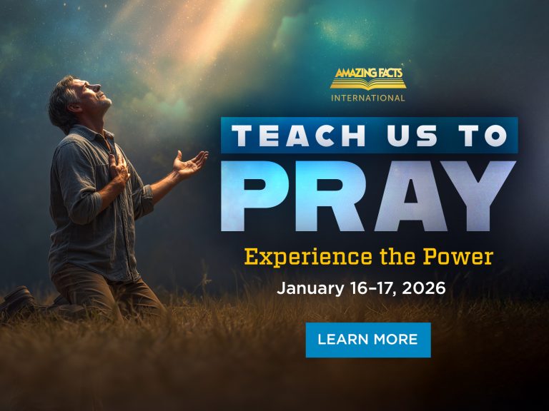 A man kneels in a field at dusk with one hand on his chest and the other raised toward a beam of light in the sky. To the right, large text reads “Teach Us to Pray,” with smaller text saying “Experience the Power. Dates: January 16th- 17th ” A button below says “Learn More.”