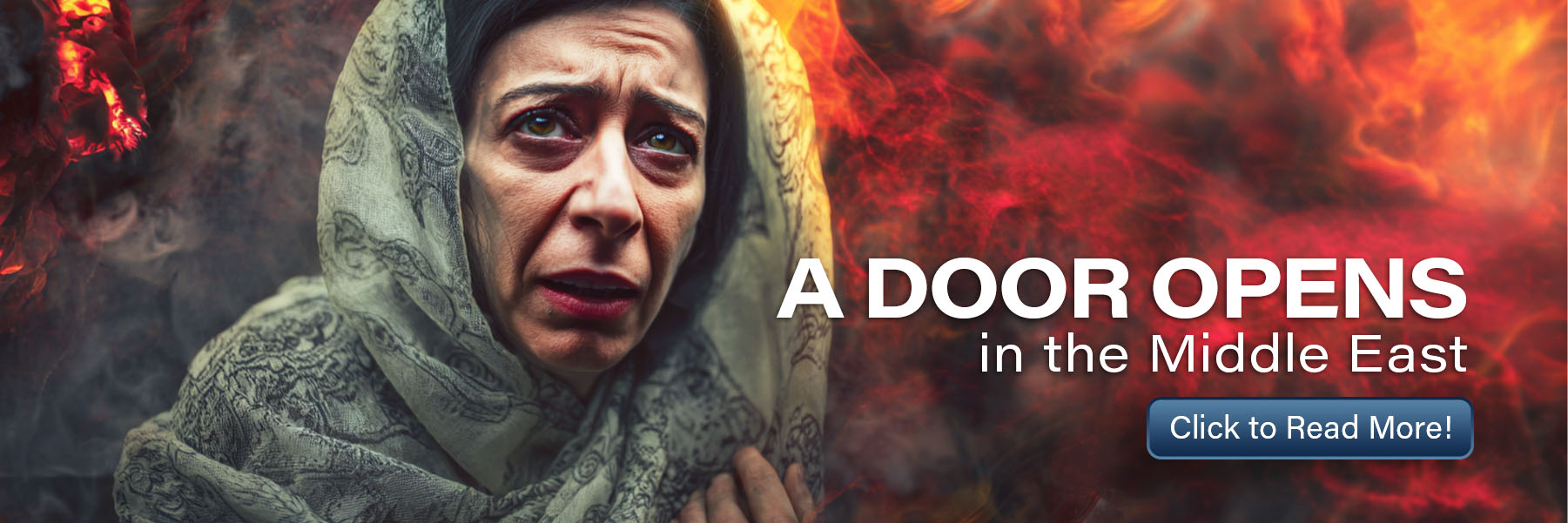 Promotional image showing a concerned woman wearing a patterned headscarf, looking slightly to the side, set against a dramatic background of flames and dark smoke. White text reads, “A door opens in the Middle East.” A blue button on the right says, “Click to Read More!”