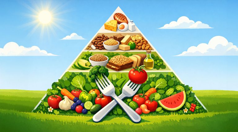 Illustration of a plant-based food pyramid emphasizing fruits, vegetables, whole grains, and legumes, with minimal animal products at the top. Two crossed forks holding broccoli and a tomato symbolize choosing plant-based foods over meat, set against a bright, sunny landscape.
