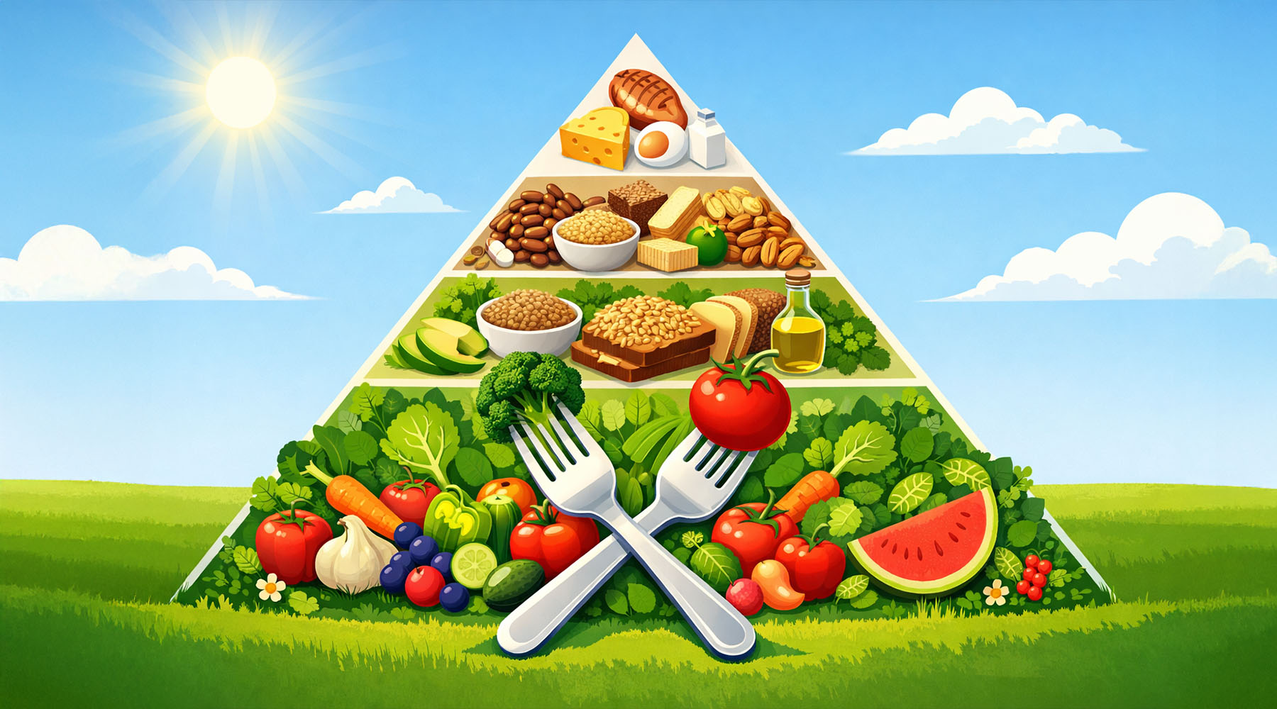 Illustration of a plant-based food pyramid emphasizing fruits, vegetables, whole grains, and legumes, with minimal animal products at the top. Two crossed forks holding broccoli and a tomato symbolize choosing plant-based foods over meat, set against a bright, sunny landscape.