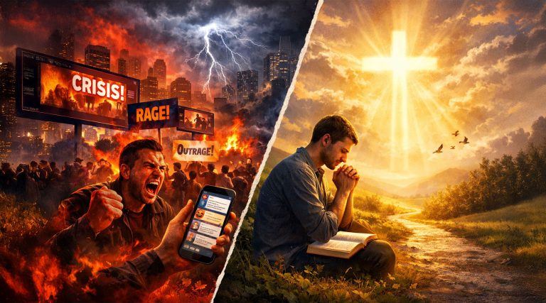Split image showing a chaotic, angry city with fire and protests on one side, and a peaceful man praying beside an open Bible under radiant light on the other.