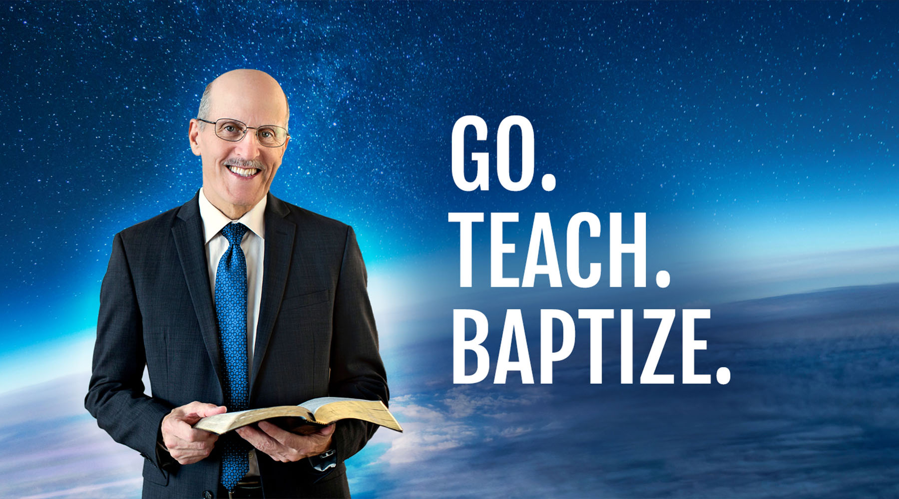 Pastor Doug next to three words, "Go. Teach. Baptize."
