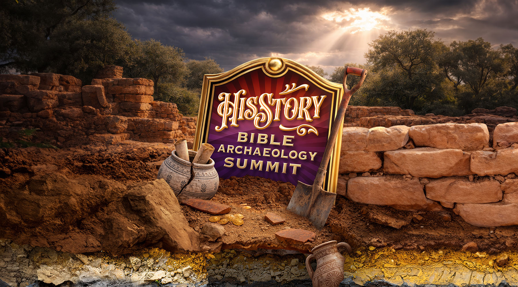 Illustration of an archaeological dig with layered earth revealing ancient artifacts, pottery, and tools, featuring a sign reading ‘HisStory: Bible Archaeology Summit’ among stone ruins under a dramatic sky.