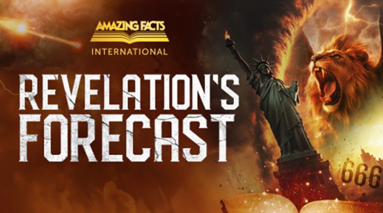 Promotional banner for Amazing Facts International’s “Revelation’s Forecast” Bible prophecy series, featuring dramatic storm clouds, lightning, a roaring lion, the Statue of Liberty, the number 666, and an open glowing Bible, symbolizing end-time events in the book of Revelation.