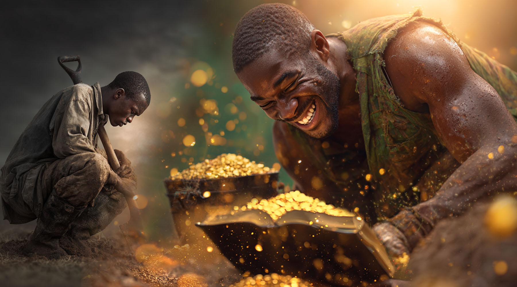 A split-style image showing, on the left, a young boy kneeling in the dirt with a shovel, appearing tired and focused as he digs. On the right, an adult man with dark skin smiles broadly while panning for gold, surrounded by glowing golden light and sparkling particles, with a pan full of gold nuggets in front of him—symbolizing that beyond earthly riches, he discovers the true treasure found in the Word of God.
