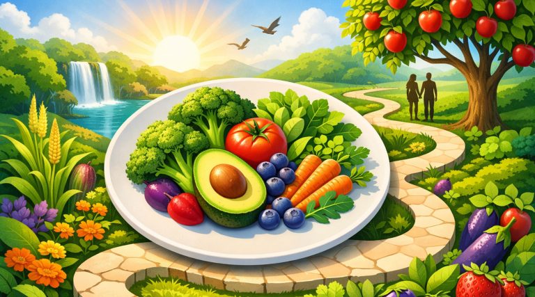 Illustration of a vibrant garden scene with a plate of colorful fruits and vegetables along a winding path, symbolizing plant-based nutrition and gut health.