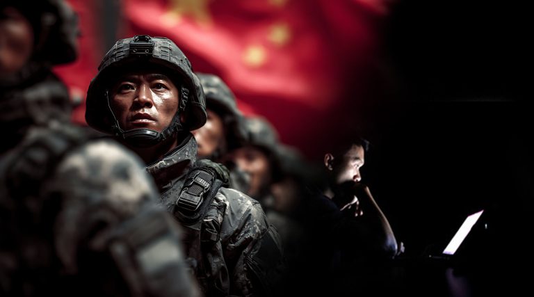 Soldiers in camouflage uniforms stand in formation, one in sharp focus, with a blurred red Chinese flag behind them; on the right, a person sits in a dark room lit by a laptop screen, with the overlaid headline text reading “Overcoming New Challenges in China.”
