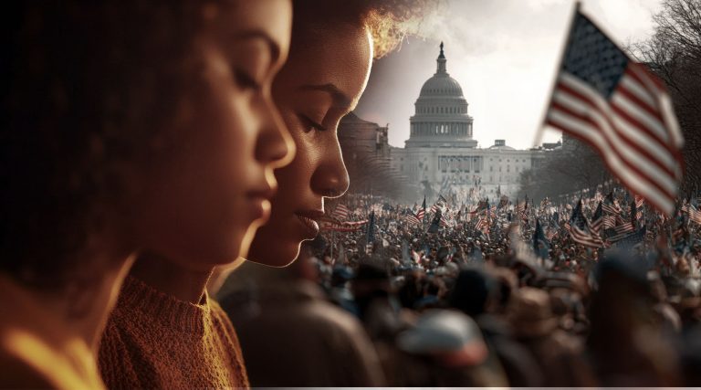 A composite image shows two children in close-up profile with eyes closed, appearing to pray, overlaid on a large crowd gathered in front of the U.S. Capitol building, many holding American flags. Bold text reads: “AN URGENT CALL to God’s People in Babylon.”