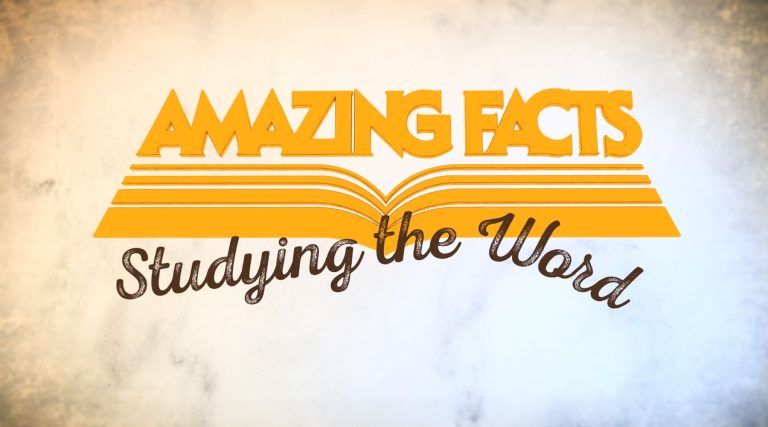 A stylized ‘Amazing Facts’ logo in gold with an open book graphic beneath it, and the words ‘Studying the Word’ written in a cursive font below.”