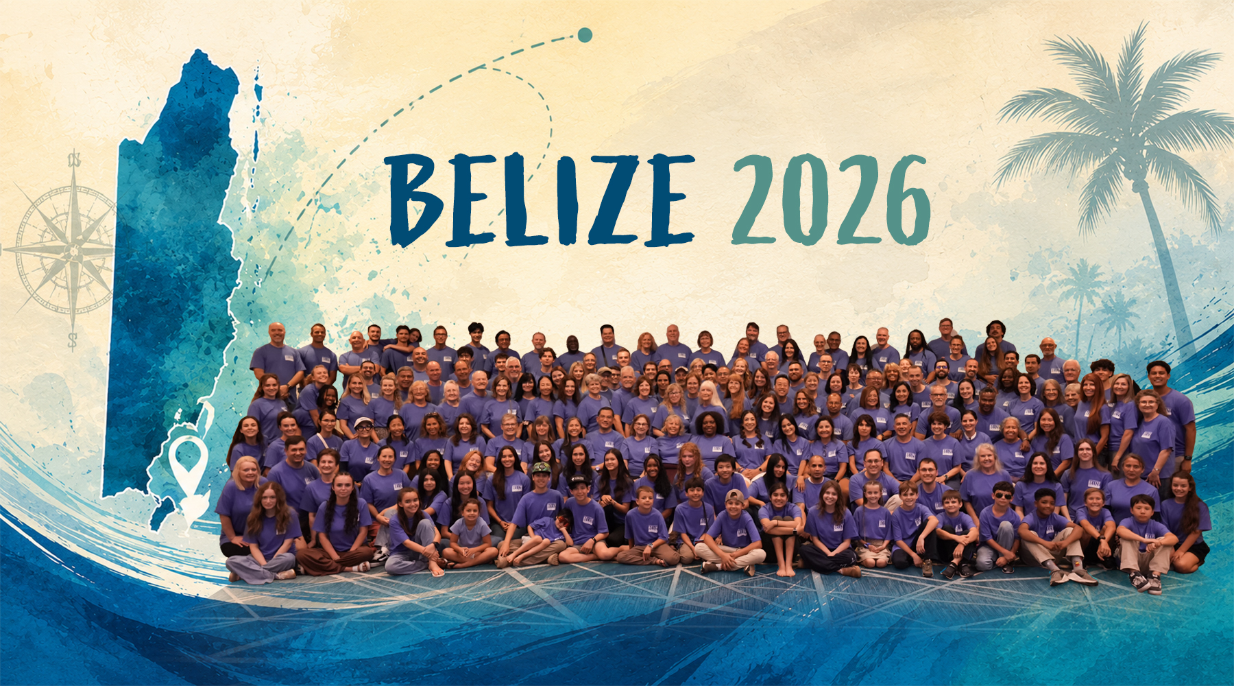 A colorful tropical-style graphic featuring a large group photo of mission trip participants in matching purple shirts, layered over watercolor ocean waves, palm trees, and a stylized map of Belize with travel-themed design elements.