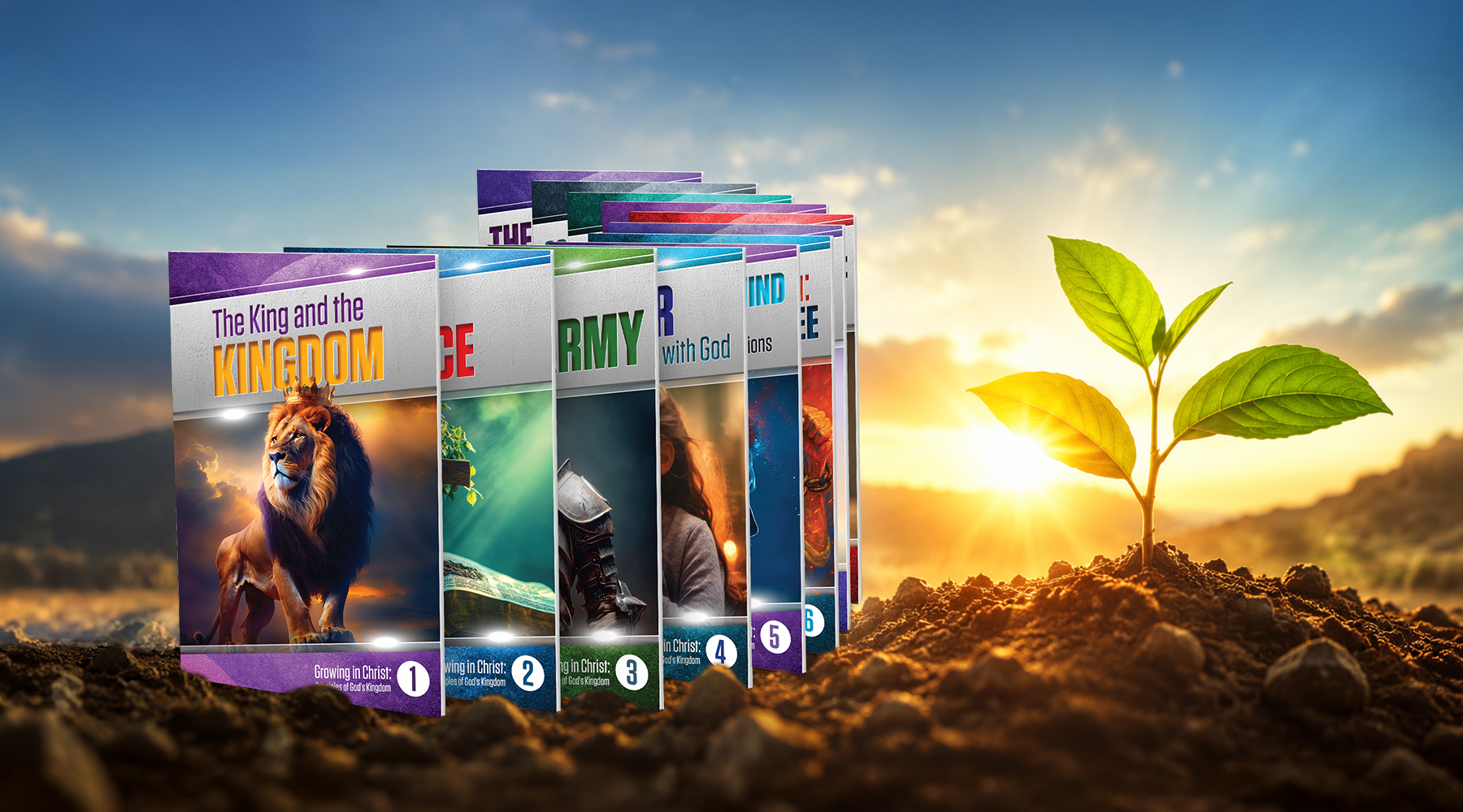 A colorful graphic showing a series of Christian study guides beside a young green plant growing from the soil at sunrise, symbolizing spiritual growth and discipleship.