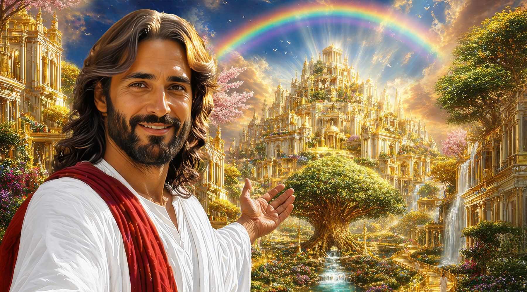 A digital illustration of a figure resembling traditional depictions of Jesus Christ — a smiling man with long brown hair and a beard, wearing a white robe with a red sash — gesturing welcomingly toward a luminous, heavenly cityscape. The background features towering golden architecture, a massive ancient tree, cascading waterfalls, blooming pink trees, white doves in flight, and a vibrant double rainbow arching across a bright sky.