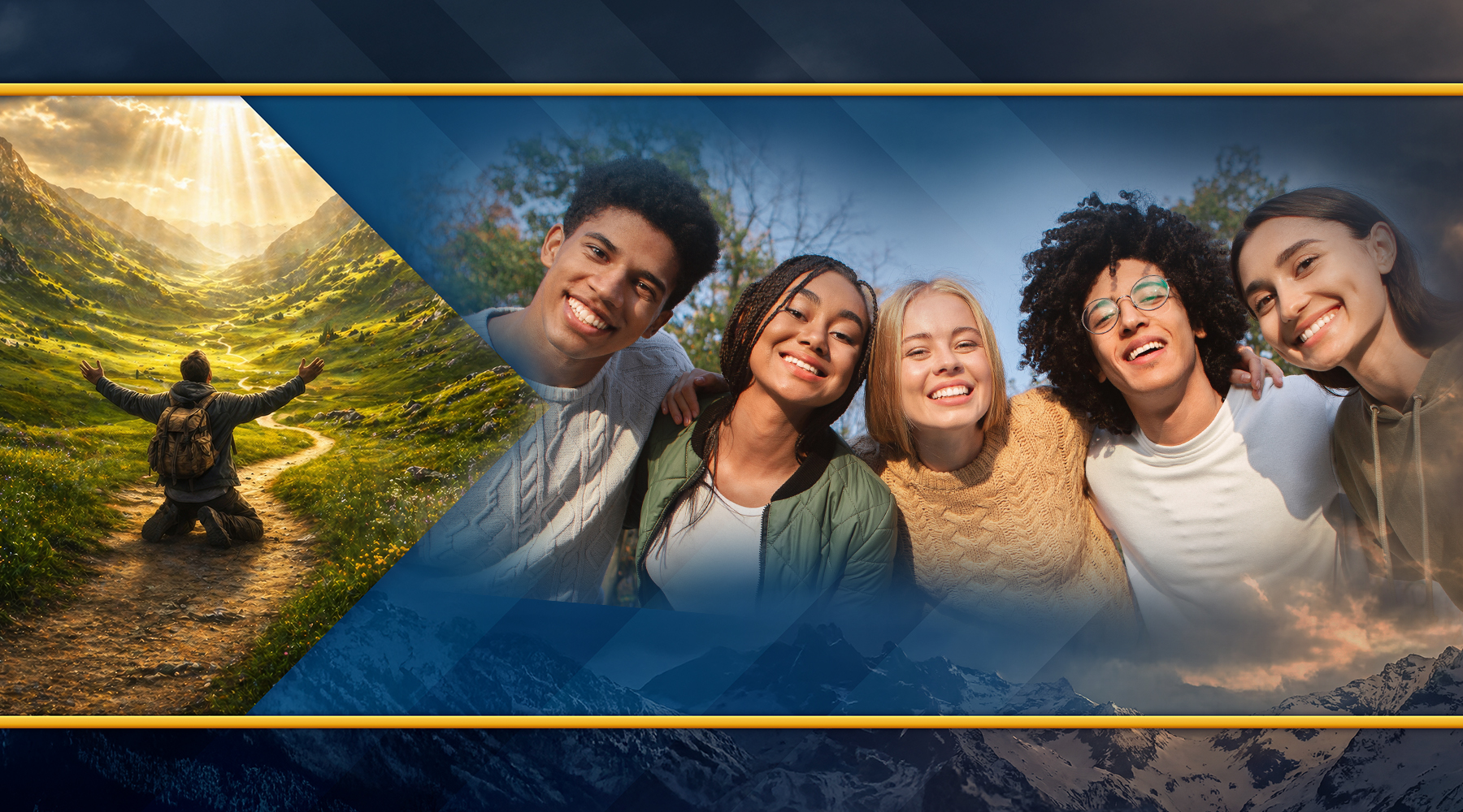Banner featuring a person kneeling in prayer on a mountain path beneath rays of sunlight on the left, alongside a diverse group of five smiling teenagers and young adults on the right, symbolizing faith, friendship, and answering God's call to mission.