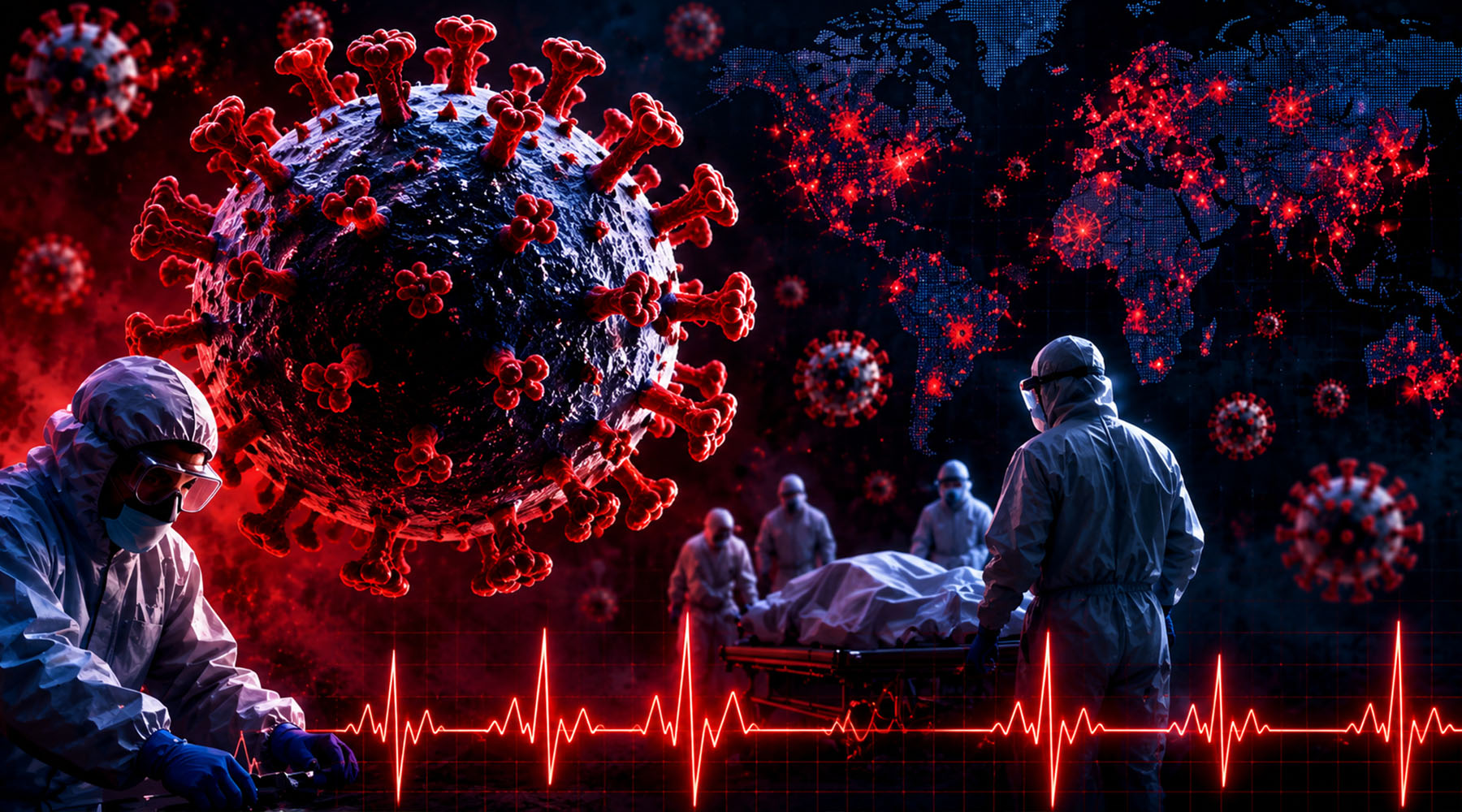 A dramatic illustration of an Ebola outbreak featuring a large virus particle looming over healthcare workers in full hazmat suits attending a patient on a stretcher. Smaller virus particles float throughout a dark red and blue background, while a glowing red heartbeat monitor line stretches across the bottom of the image, conveying the urgency and deadly impact of a viral epidemic.