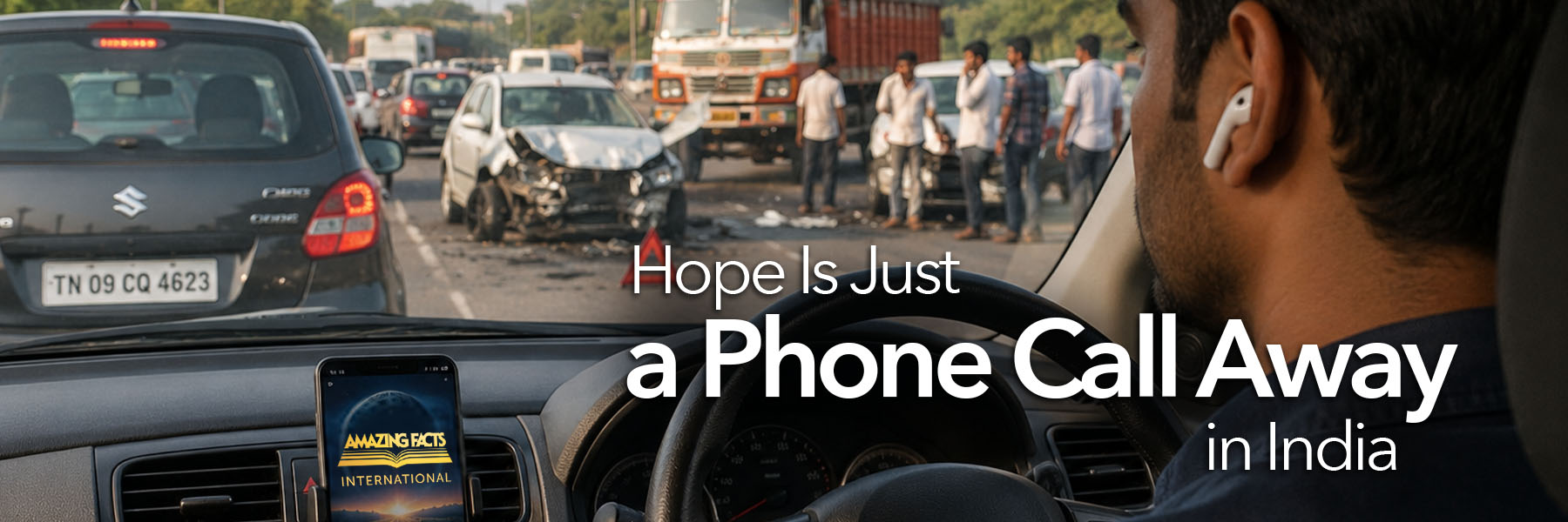 Driver listening to an Amazing Facts audio program while passing a car accident in India, with text reading, “Hope Is Just a Phone Call Away in India.”