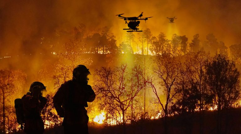 Two firefighters stand before a massive forest wildfire as drones fly overhead through the orange, smoke-filled sky.