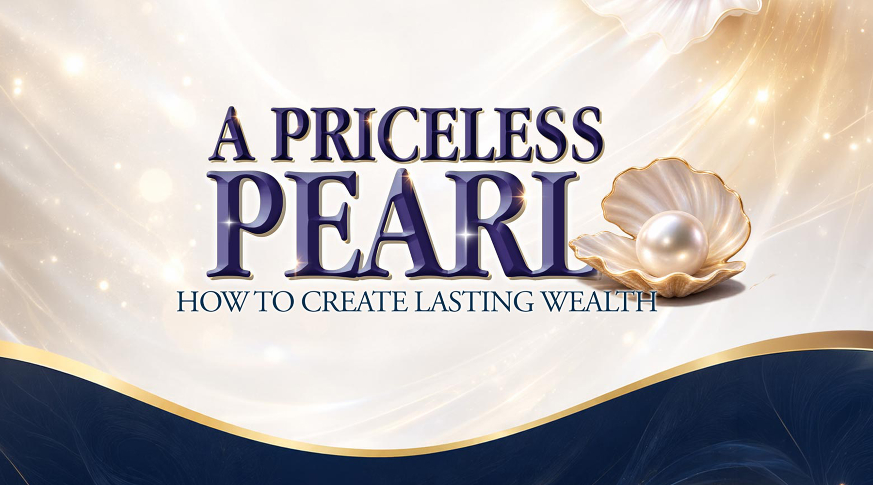 Graphic reading “A Priceless Pearl: How to Create Lasting Wealth,” featuring a luminous pearl in an open shell against an elegant white, navy, and gold background.