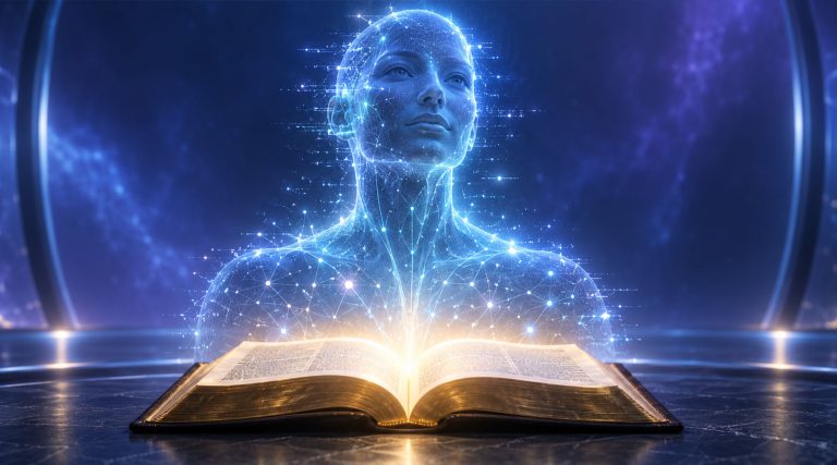 A glowing AI-generated figure composed of digital circuitry rises behind an open Bible in a futuristic blue and purple setting.