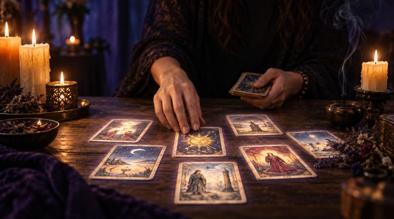 A woman’s hands hover over softly glowing tarot cards arranged on a dark wooden table, surrounded by candles and curling incense smoke.